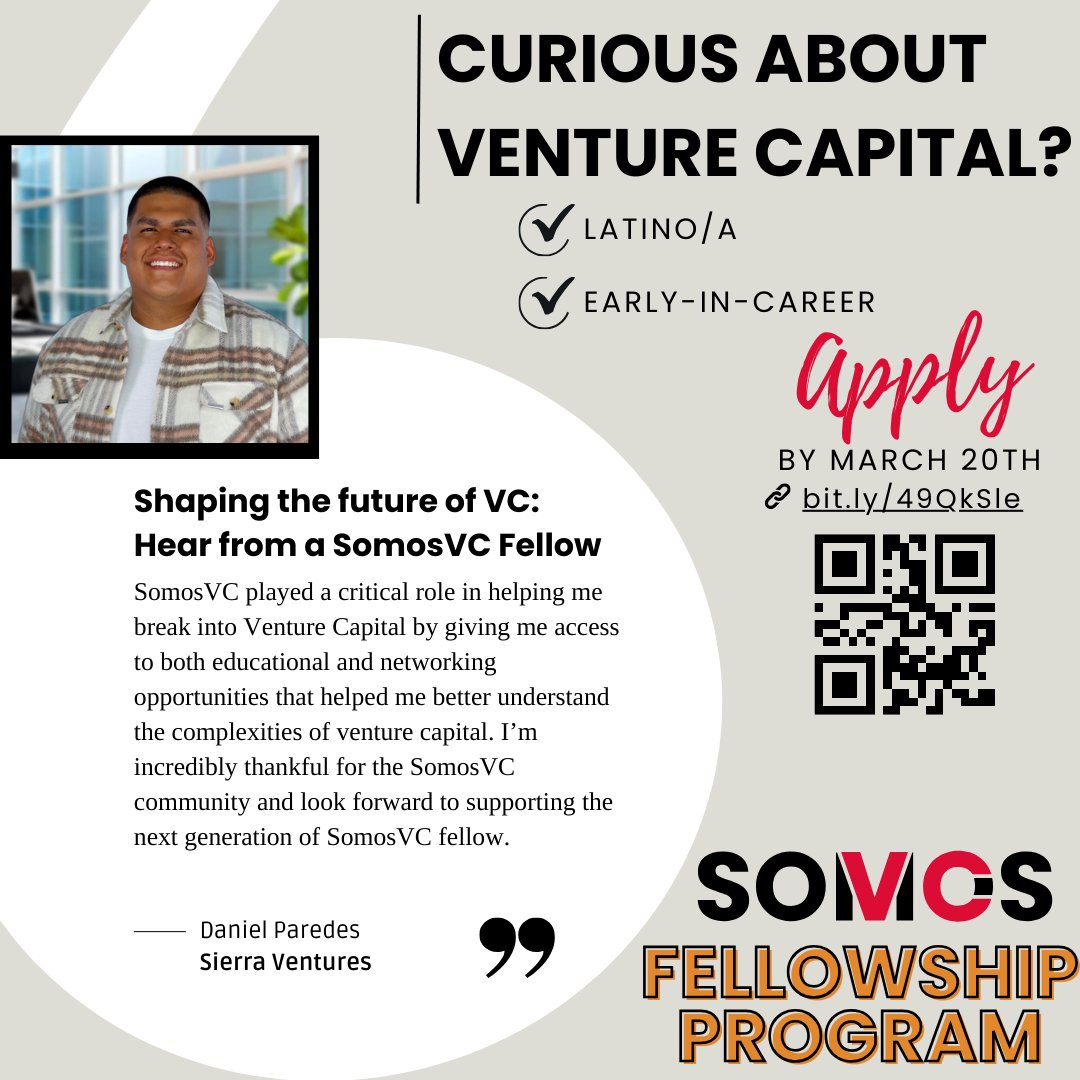 2 DAYS LEFT... ...to apply to the SomosVC Fellowship! Breaking into VC is hard. We're here to help you navigate that journey to land the role and your first few years in the industry. Apply: airtable.com/appuSalUK4KGpF…