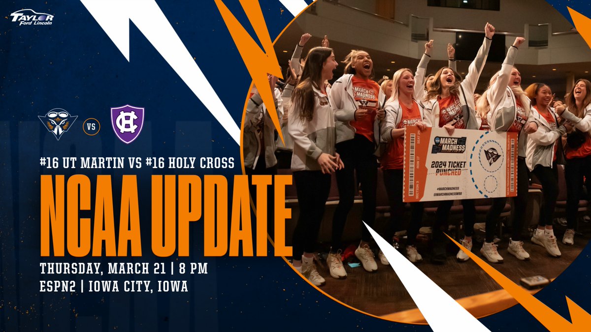 The official @MarchMadnessWBB bracket is out! #16 @UTMartinWBB will play #16 Holy Cross on Thursday, March 21 Tipoff is slated for 8 p.m. on ESPN2 #MartinMade | #OVCit