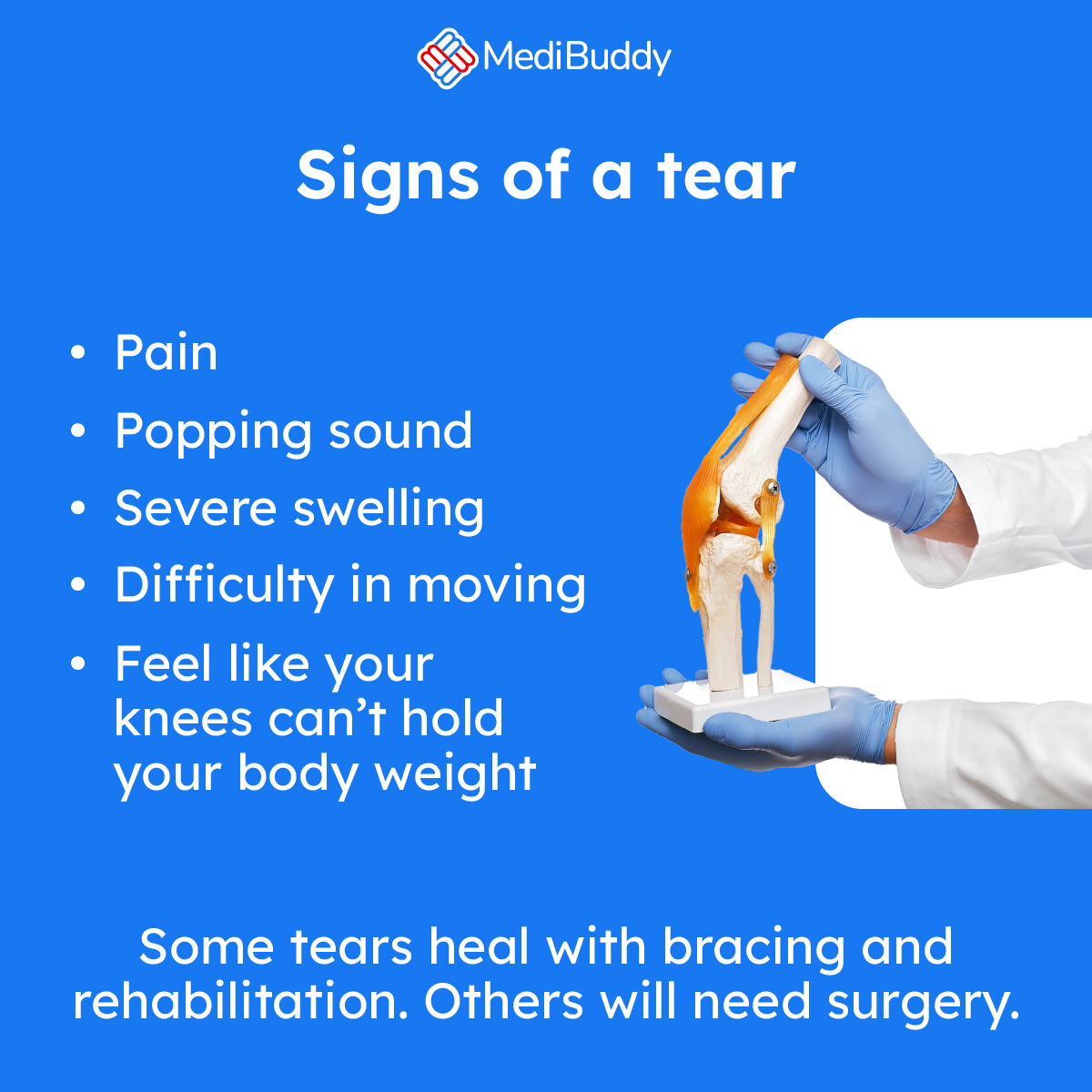 MediBuddyapp's tweet photo. Is #ACL surgery right for you? Your age, activity level, the severity of your #ACLtear, and other factors will need to be looked into before recommending surgery. Remember early diagnosis = smoother recovery.

Talk to an experienced surgeon on #MediBuddy.
#SurgeryWithCare https://t.co/Pr5Z5cT0ph
