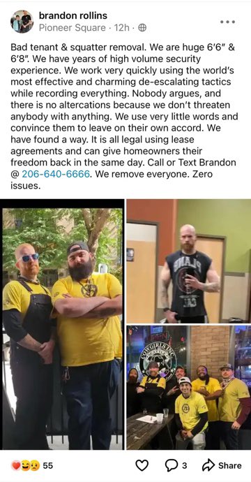 choeshow's tweet photo. Deadbeat tenant and squatter removal team in Seattle and King County. I just called the number and left VM! I think this is real. 😂
All joking aside, when WA politicians and the broken legal system fail mom &amp; pop land lords, vigilante justice will eventually prevail. https://t.co/YgXBSkYCWz