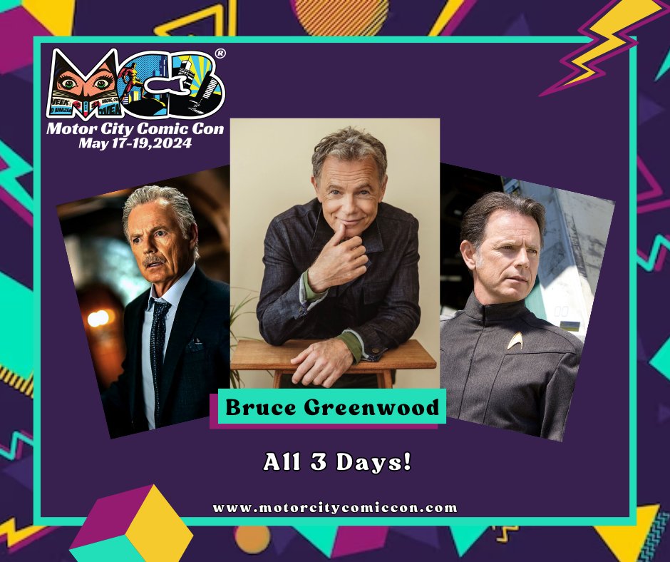 🔥#BruceGreenwood is coming to #MotorCityComicCon 2024!

💥You know him from #StarTrek #ThirteenDays & #IRobot and you can meet him at #MC3 2024!

🎫Tickets are on sale at motorcitycomiccon.com
📷Photos Ops on sale at captureticketing.com/events/50