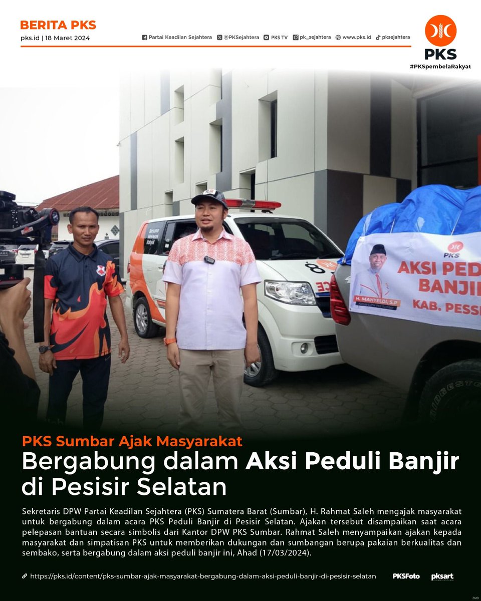 PKSejahtera's tweet photo. PKS Sumbar Ajak Masyarakat Bergabung dalam Aksi Peduli Banjir di Pesisir Selatan

"Kami mengajak masyarakat dan simpatisan PKS untuk memberikan dukungan dan sumbangan, serta bergabung dalam aksi peduli banjir ini," ujar Rahmat Saleh, Sekum @PKS_Sumbar

https://t.co/NlOXP9XKMK https://t.co/ts4FtmnffM