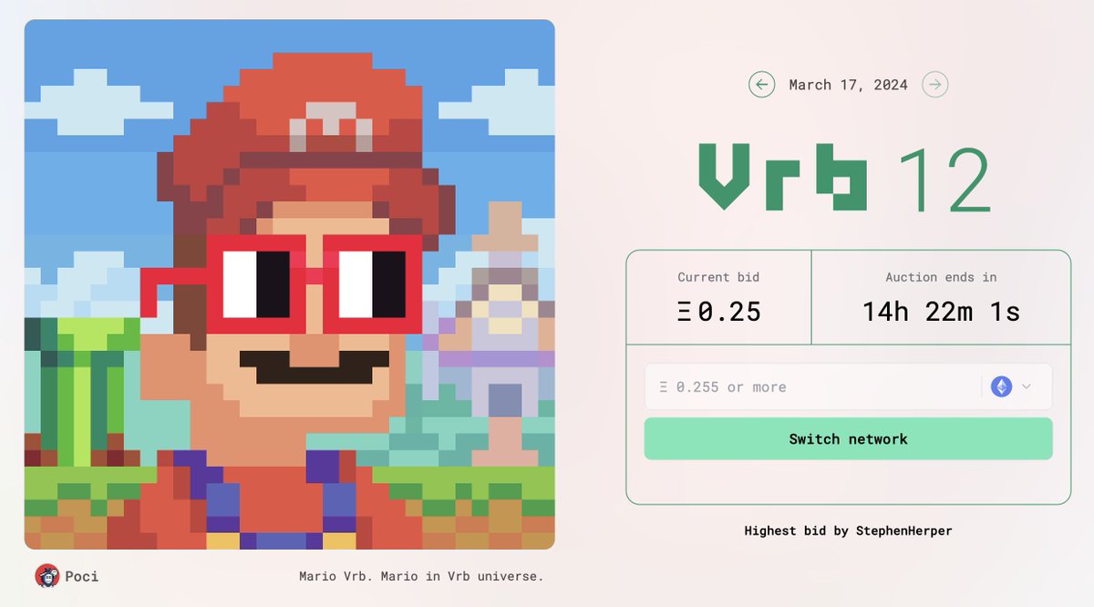 The thirteenth daily auction is live Mario Vrb by @poci_sol vrbs.build 🍄