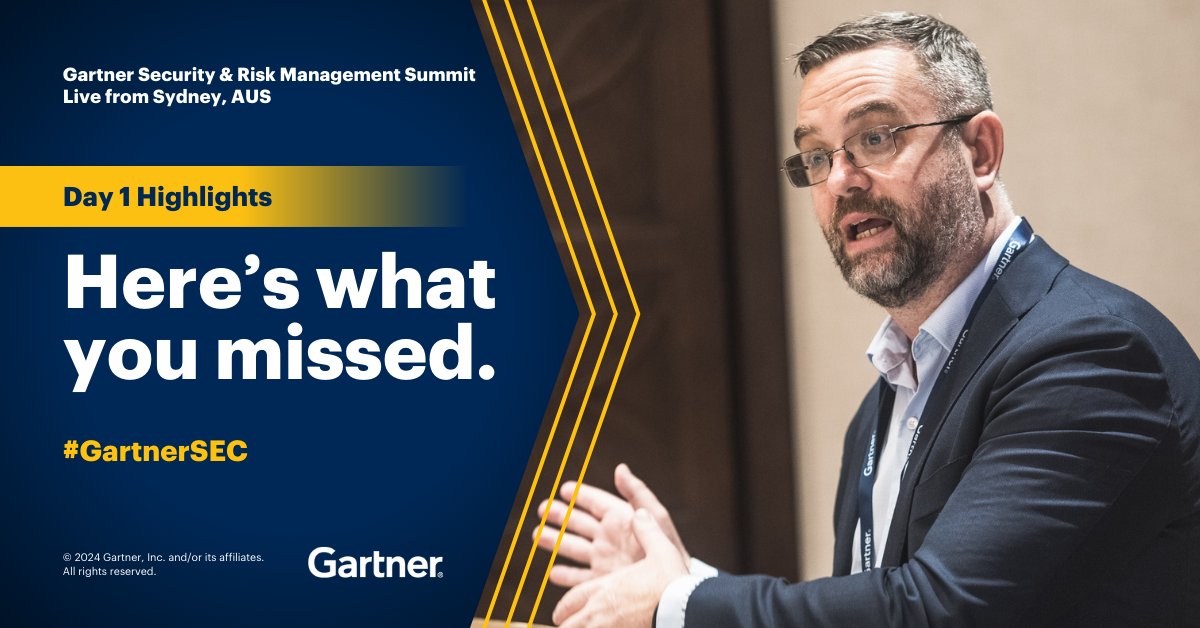 That’s a wrap for Day 1 of #GartnerSEC in Sydney. Highlights from the day include: ✅ Top 2024 trends for #cybersecurity ✅ How CISOs can enable #GenAI ✅ Third-party risks Learn more in the Gartner Newsroom: gtnr.it/435Uktm
