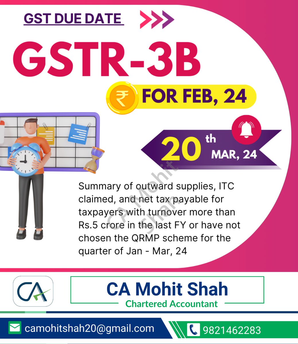 Reminder: Submit your GSTR-3B for Feb, 2024 by 20th March 2024 if your turnover exceeds Rs.5 crore or if you have not chosen the QRMP scheme for the current quarter.

#GSTR3B #GSTFiling #GSTReturns #TaxCompliance #GSTIndia #DigitalTaxation #BusinessInIndia #IndirectTax #TaxReform