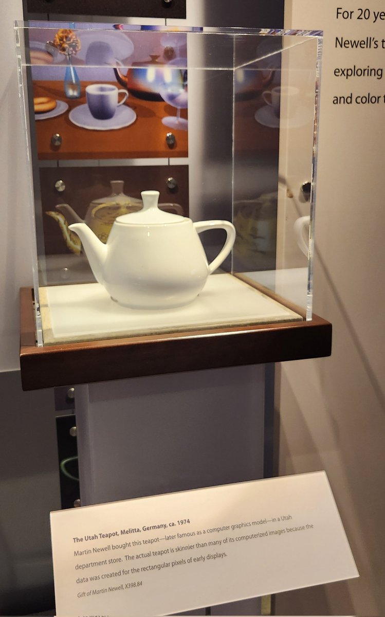 gil_elbaz_'s tweet photo. Teapot & graphics!
Just saw the real Utah Teapot, 3d scanned in 1975 used in countless demos throughout the progress of the field of computer graphics! Meshes, Texturing, Lighting, Shading, Transparency, Physics... endless demos
#ComputerHistoryMuseum https://t.co/BjtfyixNKJ
