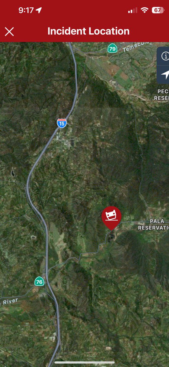 CALFIRESANDIEGO's tweet photo. .@CALFIRESANDIEGO is at scene of a vehicle over the side off Hwy. 76 near Rice Canyon. 76 is closed down due to power lines being down across the road. The closure is from Rice Canyon to Pala Mesa Road. 1 patient was transported to the hospital with minor injuries. #76IC https://t.co/gsBHQIcLOh