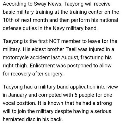 tyongsource's tweet photo. taeyong will enlist in april 10th in the navy military band 

“it is known that he had a strong will rise join the military despite having a serious herniated disk in his back” 😭😭😭💔 https://t.co/jjYjfwZ8KP
