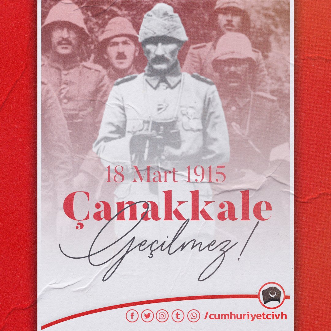 cvpgenelmerkez's tweet photo. 18 MART ÇANAKKALE ZAFERİ

-18 Mart Çanakkale Zaferi, öz yurdunu korumak için ayağa kalkan “hasta adam” denilen bir ulusun, sayı ve maddi üstünlüğü olan düşmanlarını Malazgirt’ten, Otlukbeli’nden Preveze’ den aldıkları ruhla Karanlık Liman’ın sularına gömdüğü kahramanlık ve şeref abidesinin adıdır.

- 18 Mart Çanakkale Zaferi, Londra’yı Odesa’ya bağlayan deniz yolunun, Rus Çarlığının, dünyanın yenilmez sanılan armadalarının Türk boğazlarında hayal olduğu günün adıdır.

- 18 Mart Çanakkale Zaferi, “Ben size savaşmayı değil ölmeyi emrediyorum”  diyen Mustafa Kemal’in komutasındaki orduların dünya harp tarihine savunan orduların taarruz edenleri yenilgiye uğrattığı hemen tek örnek olarak geçtiği günün adıdır.

- 18 Mart Çanakkale Zaferi, Agamemnon’u 3 bin yıl sonra aynı yerde bir kez daha durduran Mustafa Kemal’in Sevr’i çökerttiği günün adıdır.

- 18 Mart Çanakkale Zaferi, Türk Bağımsızlık Savaşı’nın temellerini Conk Bayırı’nda atan Mustafa Kemal’i milletin bu kan deryası içinde tanımasını sağlayan, talihi ve tarihi yapan sonra da tarihi yazan lider olarak Atatürk soyadıyla taçlandırdığı günün adıdır.

- 18 Mart Çanakkale Zaferi, bu topraklar için toprağa düşmüş askerin tarihe sığmadığı günün adıdır!

Cumhuriyetçi Vatanseverler bu toprakları bizlere vatan yapan ve vatanımız olarak kalmasını sağlayan bütün şehit ve gazilerimizi saygıyla selamlıyor, mücadeleleri ve cesaretlerini en kutsal emanetimiz olarak sürdüreceğimize aziz hatıraları önünde söz veriyoruz.

#ÇanakkaleGeçilmez
#18MartÇanakkaleZaferi 
#ÇanakkaleZaferiKutluOlsun 
#CumhuriyetçiVatanseverler