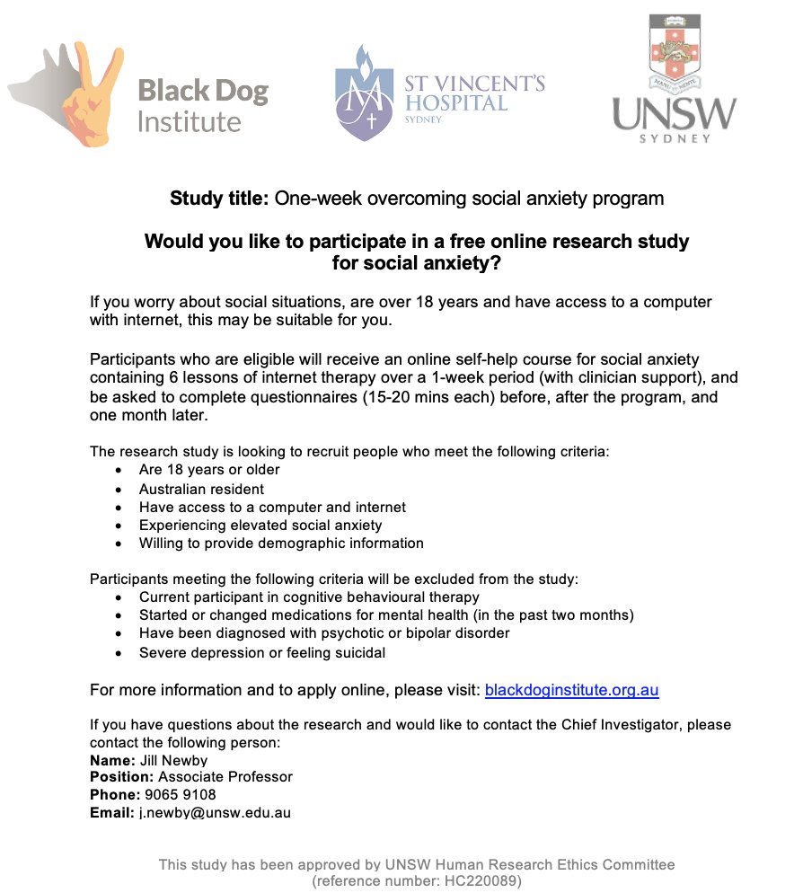 Are you living in Australia and struggling with social anxiety? 🫣 @blackdoginst and @UNSW are currently recruiting participants for a 7-day online cognitive behavioural therapy program for social anxiety. For more information visit: blackdoginstitute.org.au/research-studi…