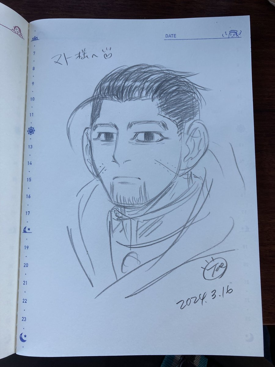 憧れの絵師様・タエさん(@GldTae)に直筆絵を描いて頂きました!😭🙏動物園でコラボフード楽しんでる時に「描いてください!」と無茶振りしたのに、快く描いてくださいました。サラサラ〜っとカッコいい尾形を描き出していく見事な手捌きに見惚れるばかり…何度も眺めては描線の美しさを堪能してます😆 