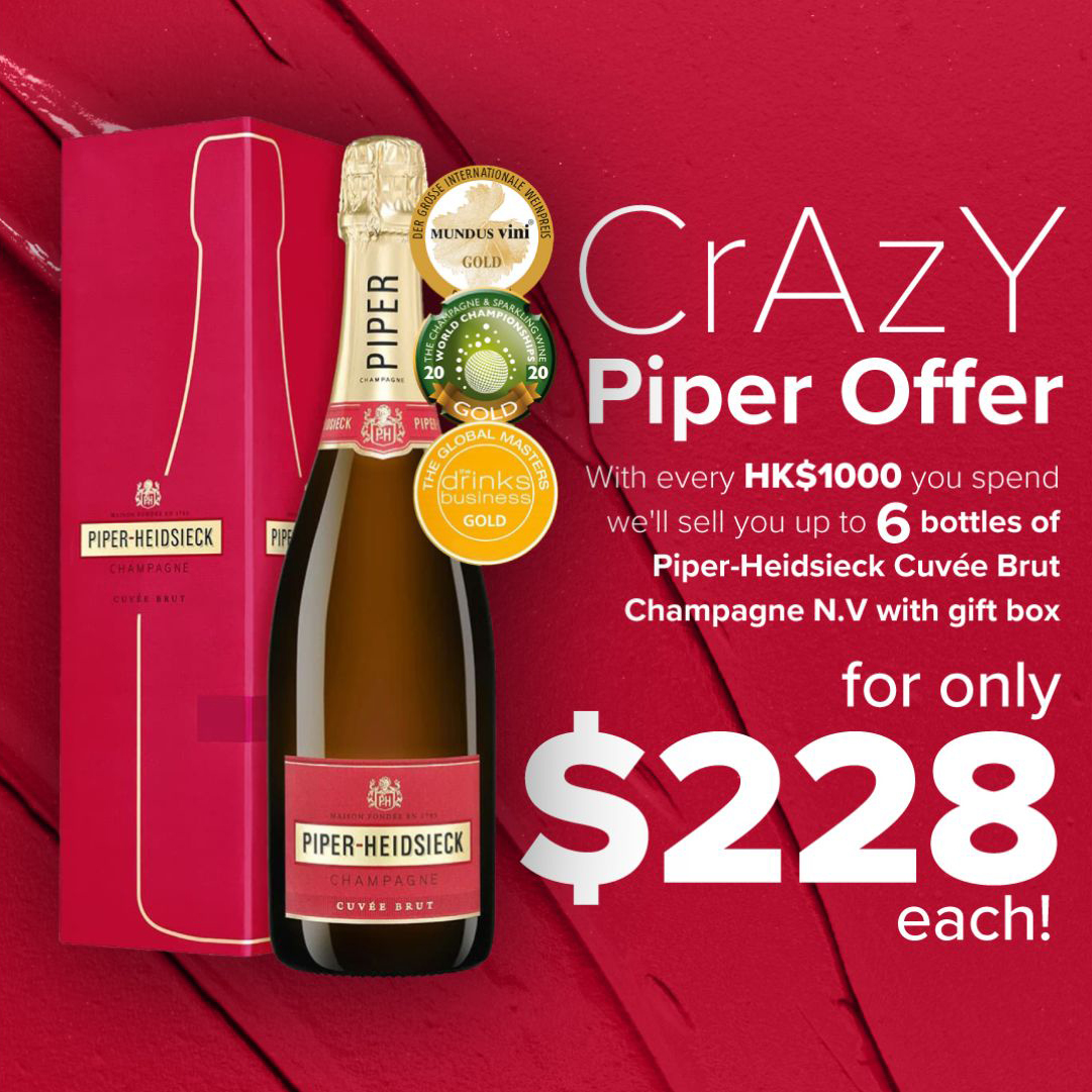 Cellarmastershk's tweet photo. With every $1000 you spend at Cellarmaster Wines we'll sell you up to 6 bottles of Piper-Heidsieck Cuvée Brut #Champagne N.V. with giftbox for only $228, that's an extra $50 off our usual special price! https://t.co/dHHfavcOht https://t.co/ZZcRJCy8UX
