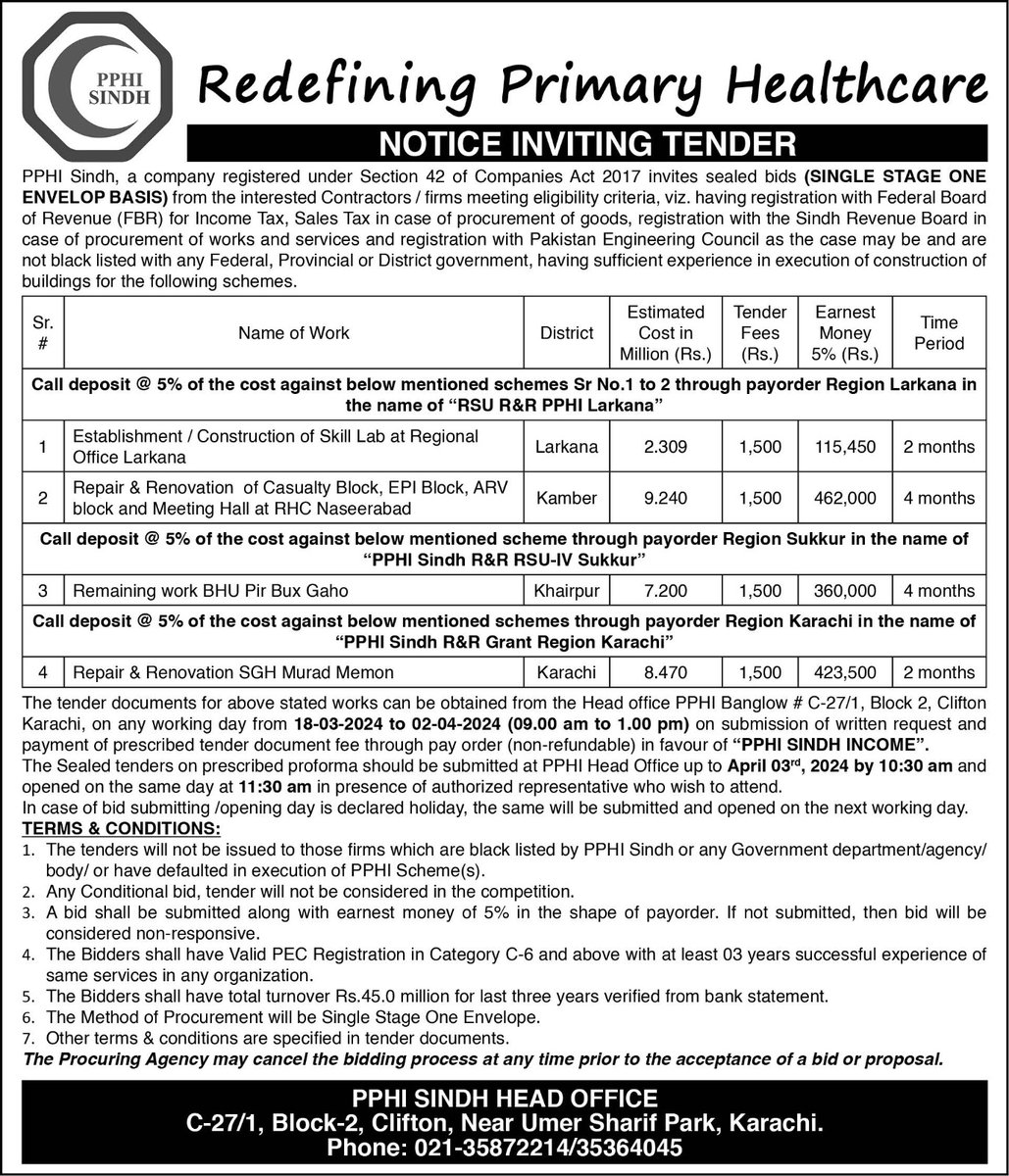 PPHI Sindh has just announced a tender notice for the repair and renovation of health facilities has been published in leading newspapers including Dawn, Jang, and Kawish!