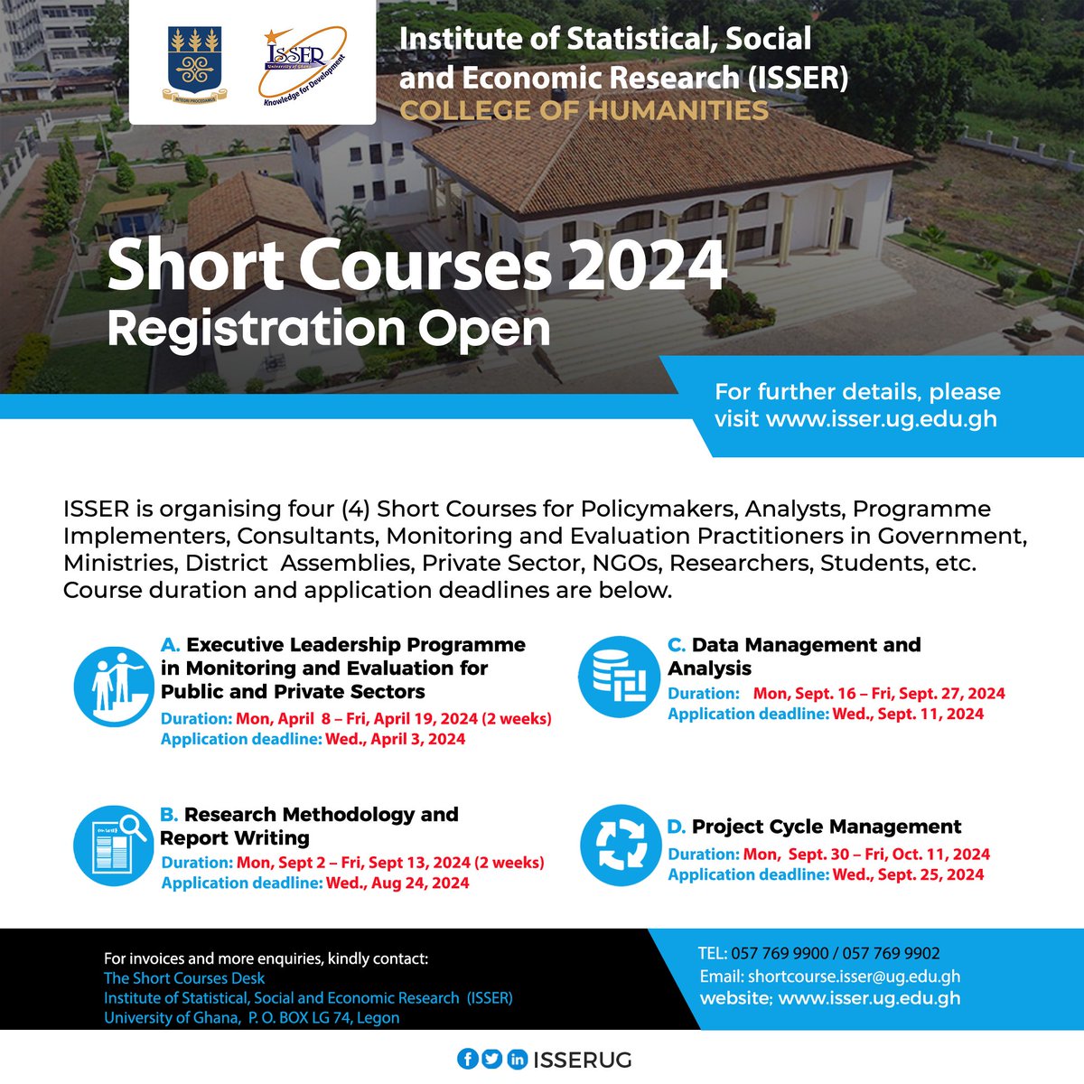 📢📢 Join us for the 2024 round of short courses. The Leadership Program in M&E starts next month. See poster for details & apply now for impactful change. ➡️➡️isser.ug.edu.gh/short-courses #professionaldevelopment #shortcourses2024 #KnowledgeForDevelopment @ameyawds @pquartey1