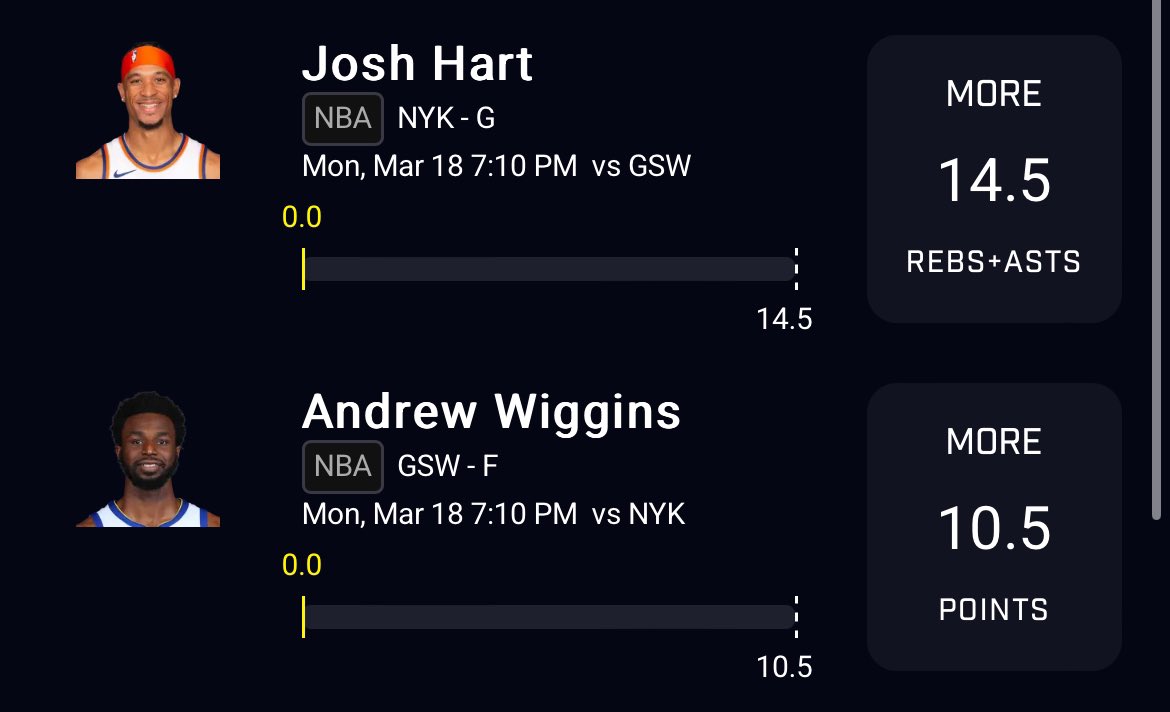 slip 1:

25 for Josh Hart last game vs GSW
100% hit rate for Andrew Wiggins in 14 career games vs NYK

#PrizePicks #PlayerProps #NFL #Hockey #PrizePicksMillions #GamblingTwitter #MLB #NBA  #sportsbetting #NHL #Over #NHA #espn #NoHouseAdvantage #GamblingX #PrizePicksNBA #powerplay