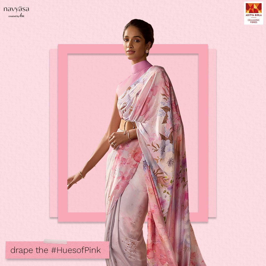 Wear a navyasa and create blush worthy moments in our #HuesofPink! 💕 Fabric: Liva crepe 'Dramatic Dreamscape' saree on our website.​ SKU🔍 - 8904401815879 #navyasa #navyasabyliva #sustainablefashion #sareelove #shopnow #HuesofColours