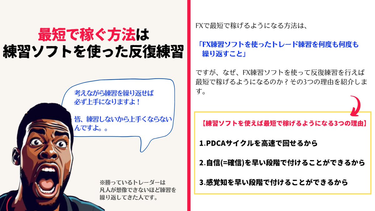 FXで最短で稼げるようになる方法は 「FX練習ソフトを使ったトレード練習を何度も繰り返すこと」 ですが、その理由は下記の3つ👇  ①PDCAサイクルを高速で回せるから ②自信を早い段階で付けることができるから ③感覚知を早い段階で付けることができるから 考えながら練習 ...