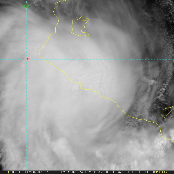 Tropicalcyclon8's tweet photo. STC #Megan Cat 3 making landfall over Pellew Islands &amp; McArthur R Delta SW Gulf of Carpentaria, gusts nearing 200kph having winds from 140-155kph, Centre Island 121mm since 9am this morning &amp; 223mm past 24hrs to 9am https://t.co/dqiCitbAmf