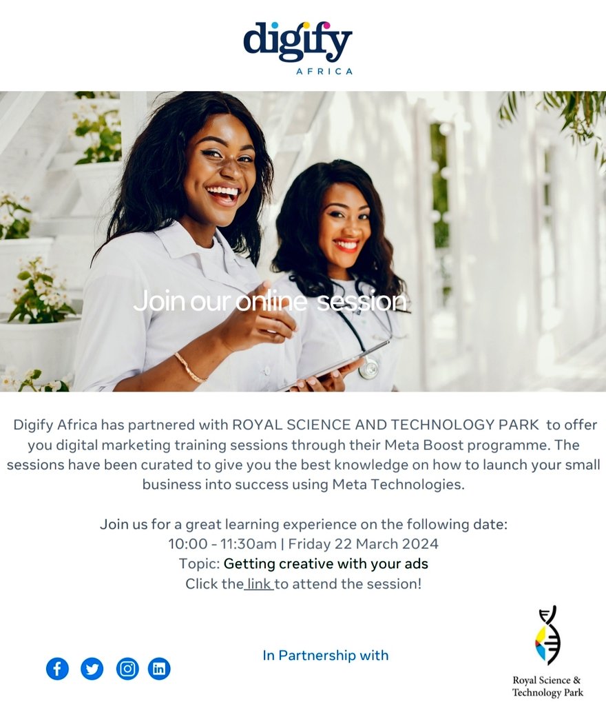 RSTP_Eswatini's tweet photo. Digify Africa partnered with RSTP is offering a digital marketing training workshop on ‘Getting creative with your ads’ through their Meta Boost programme.

Date: 22 March 2024 
Time: 10am - 12pm.

Link: https://t.co/PxPEn2NKM3

Meeting ID: 927 6937 6410
Passcode: 755344 https://t.co/MB4KQcxbOt