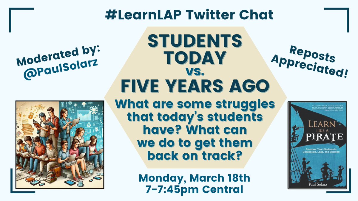 PaulSolarz's tweet photo. Please join us TONIGHT at 7pm Central for #LearnLAP!

#CelebrateMonday #Mondaymorning #Mondaymood #Mondayvibes #edtech #k12 #education #edchat #tlap #asechat #BadgeChatK12 #Thetitleonechat #engsschat #formativechat #kyadmin #sschat #DubChat #4thchat #Admin2B #SocEdChat #teachers https://t.co/DzIoMX5bu2