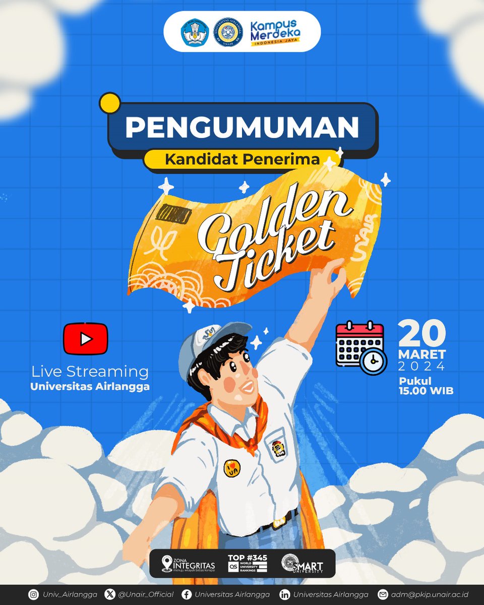 Unair_Official's tweet photo. Reminder 2 hari lagi!!😱Pengumuman Kandidat Penerima Golden Ticket. Good luck, semoga kamu bisa menjadi salah satu bagian dari Universitas Airlangga📷
#UniversitasAirlangga
#UNAIRHEBAT
#UNAIR
#ExcellenceWithMorality
#WorldClassUniversity
#SMARTUniversity https://t.co/XMdzk229iP