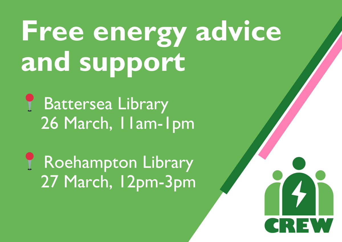 Two energy advice sessions coming up next week! ⚡

Come along for free support with your energy bills - no need to book 💚

📍 26 March, 11am-1pm - Battersea Library
📍 27 March, 12pm-3pm - Roehampton Library