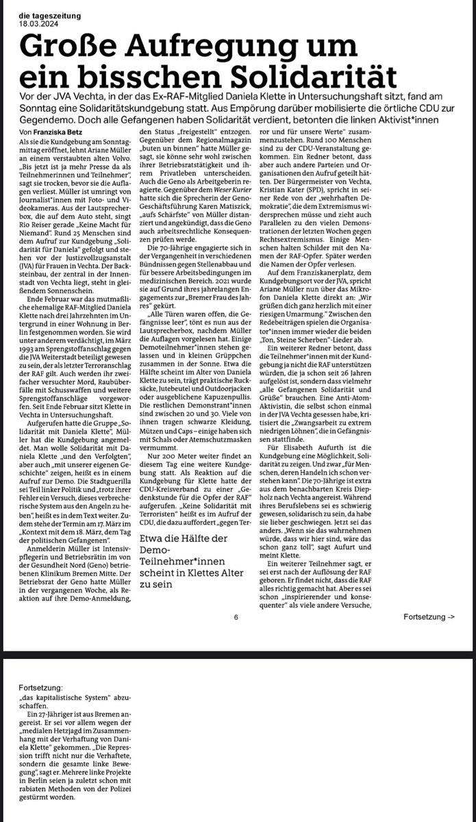 Wie kann man einen so unkritischen Artikel über eine Demo für eine Terroristin (!) schreiben? Die TAZ stellt mal wieder eindrücklich unter Beweis, dass sie auf dem linken Auge komplett blind ist. #RAF #Klette