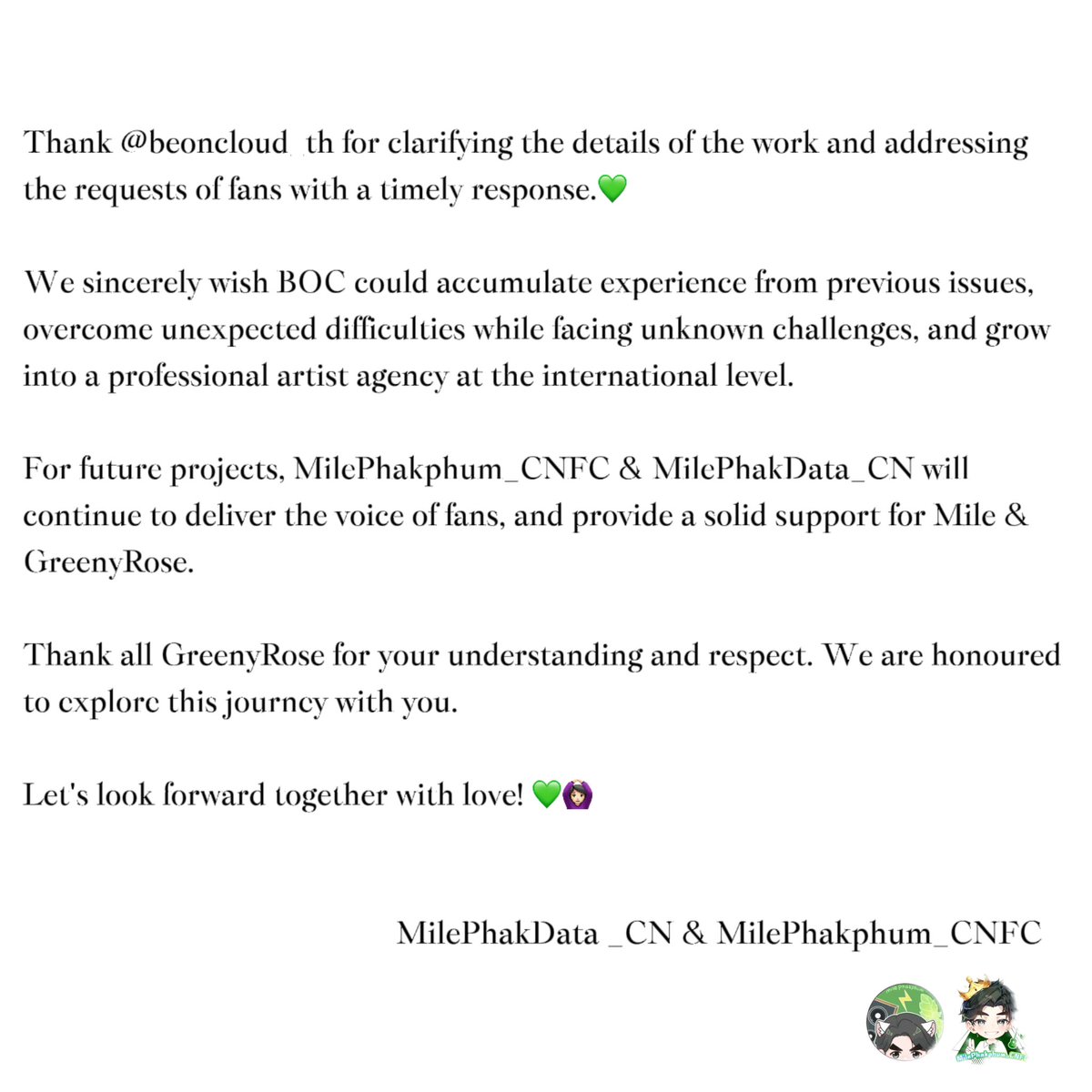 MilePhakDataCN's tweet photo. Thanks @beoncloud_th for clarifying the details of the work and addressing the requests of fans with a timely response.
@MilePhakData_CN &amp; @MilePhakphum_CNFC will continue provide a solid support for @milephakphum &amp; #GreenyRose.

This is the Chinese translation of the statement: https://t.co/OWic5Tr4yr
