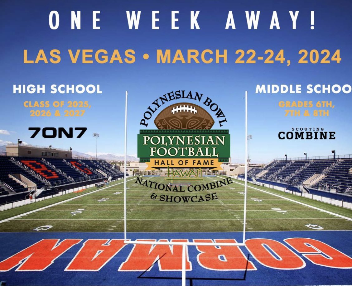 The clock is ticking on a trip to Vegas for the Polynesian Football HoF National Combine and Showcase 🕰️. Excited to come out and compete! @CapoValleyHS @capofootball @CoachSeanCurtis @DanSelwayQB @jacobvanevery @GregBiggins @polynesiabowl
