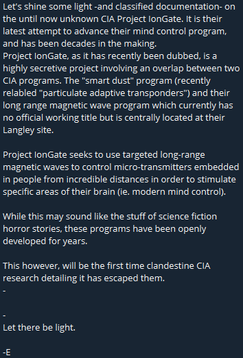 AbbaIBelong's tweet photo. https://t.co/TDUSD4pKqy
#ProjectIonGate
+ "Particulate Adaptive Transponders" program
+ Long range magnetic wave program
Targeted, long-range magnetic waves may be used to control micro-transmitters. If micro-transmitters reside in a human, that control may be extended to you https://t.co/FsfyyDeS3W