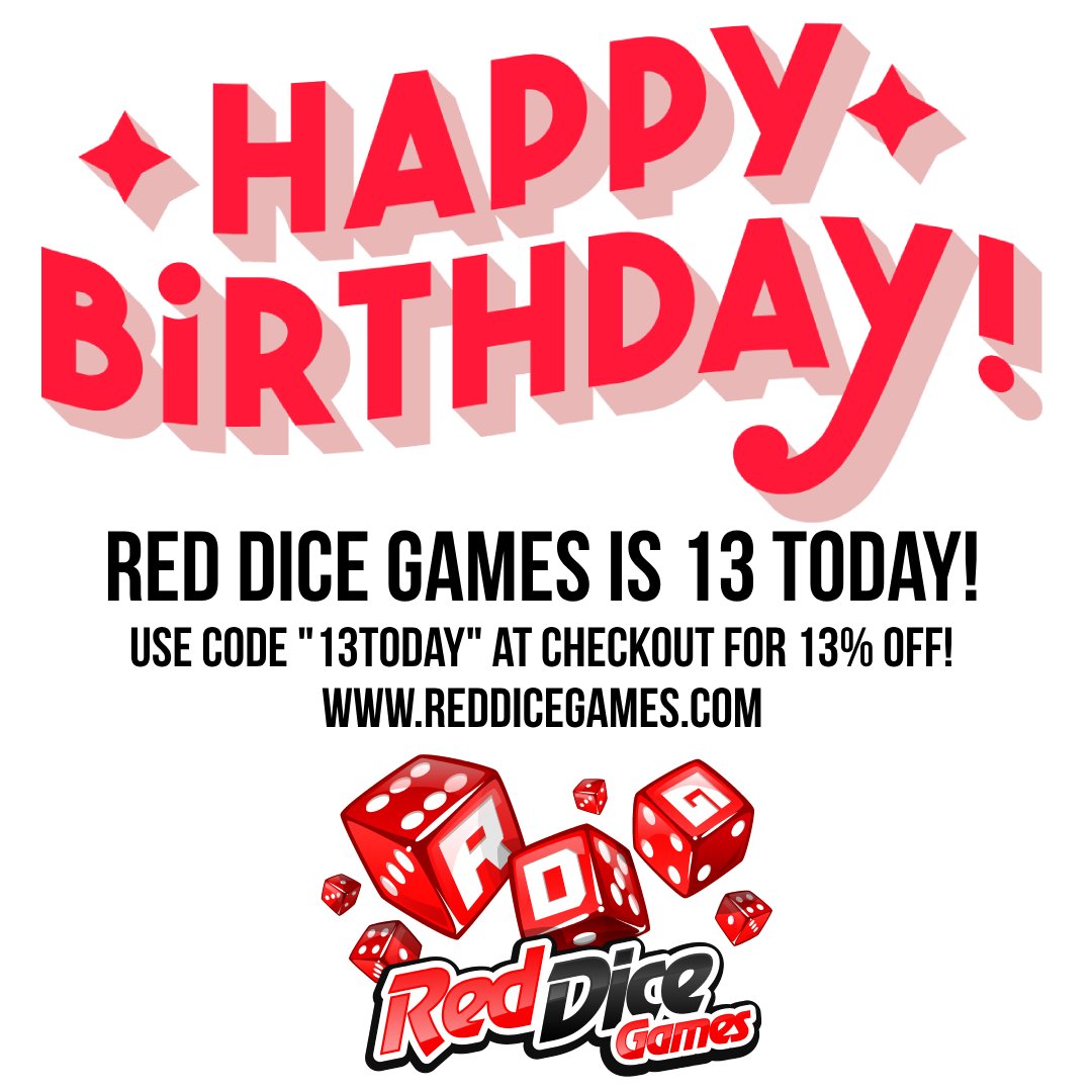 13 years ago today Red Dice Games opened for business. We are officially a teenager!
To celebrate we are offering you an extra 13% off today.
Head to: reddicegames.com/discount/13tod…
#boardgames #boardgamesuk #tabletopgames #tabletopgaming #tabletoprpg #shopping #gift #reddicegames