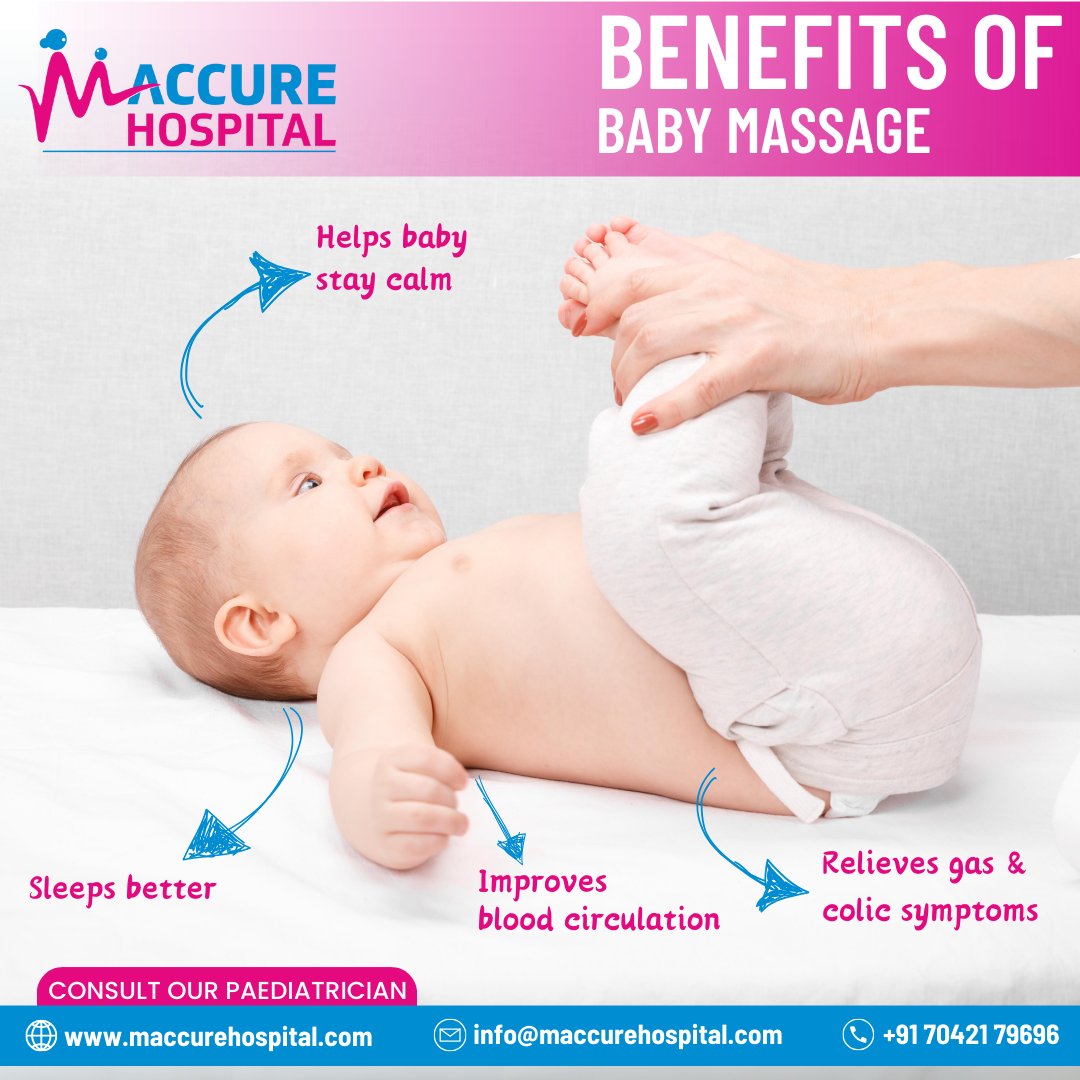 Benefits of baby massage.

#aasthahospital #maccurehospital #delhi #janakpuri #orangeglobal #MaccurePediatrics #neonatal #gynaecology #superspeciality #surgeon #medical #healthcare #management #BabyMassage #BondingTime #DigestionAid #ImprovedSleep #CirculationBoost