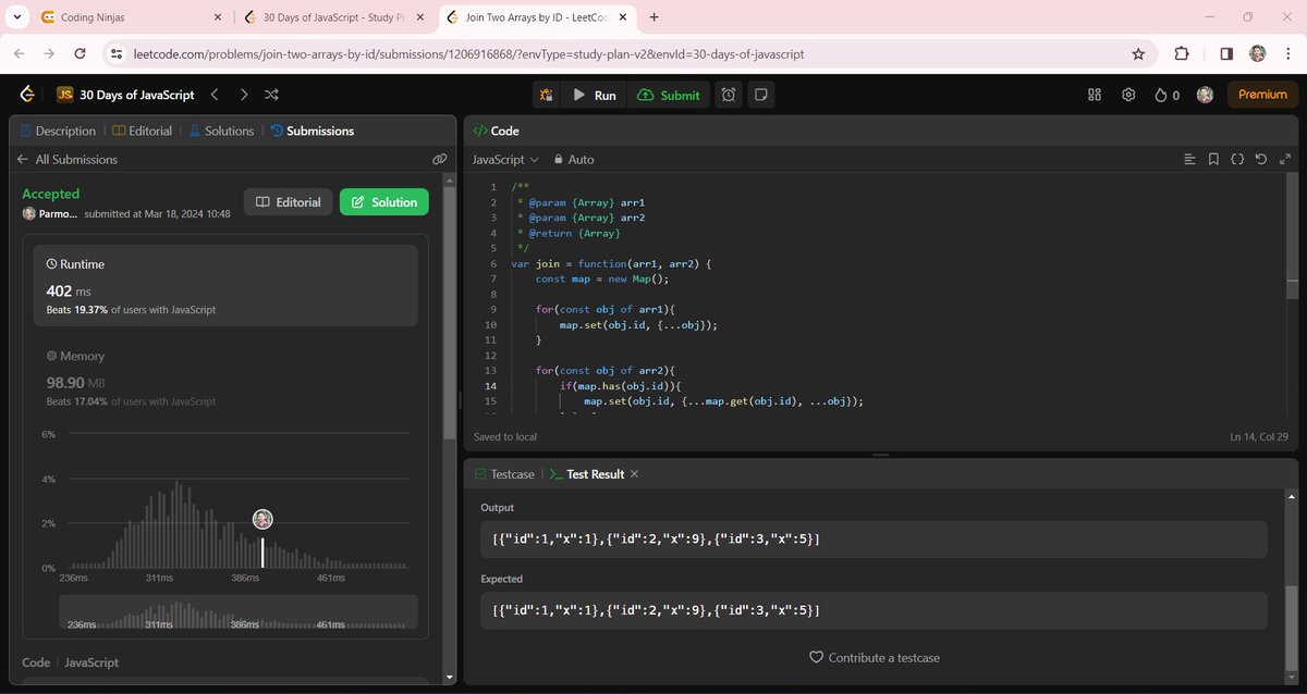 ParmodKuma35112's tweet image. Just cracked a tough problem in my #30DaysOfJavaScript challenge! Merged two arrays based on unique IDs. #CodingWin #javascript  #ParmodKumar