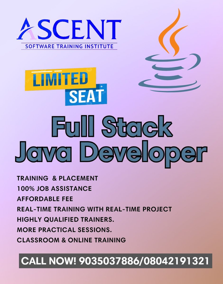Elevate your career with Ascent Software Training Institute's comprehensive Java Full Stack Course! 

We're committed to your success, which is why we offer 100% Job Assistance upon course 

#JavaFullStack #CareerDevelopment #AscentTrainingInstitute #JobAssistance