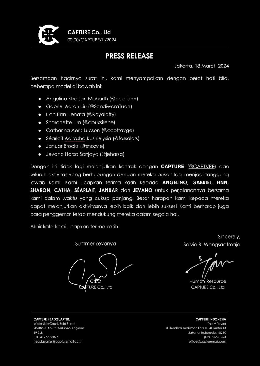 ㅤㅤ
𝑪𝑨𝑷𝑻𝑼𝑹𝑬 𝑻𝑯𝑬 𝑼𝑷𝑫𝑨𝑻𝑬
 ▌│█║▌║▌│█║▌║▌│█
We announce that ANGELINO, GABRIEL, FINN, SHARON, CATHA, SÉARLAIT, JANUAR &amp; JEVANO are no longer with CAPTURE. Please continue to support them wherever they go! Thank you.
ㅤㅤ