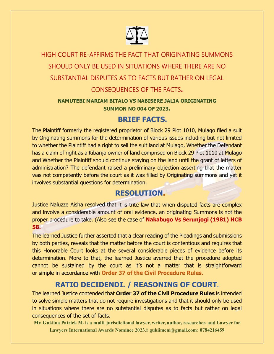 #LEGALUPDATE.
High Court re-affirms the fact that Originating Summons should only be used in situations where there are no substantial disputes as to facts but rather on legal consequences of the facts.