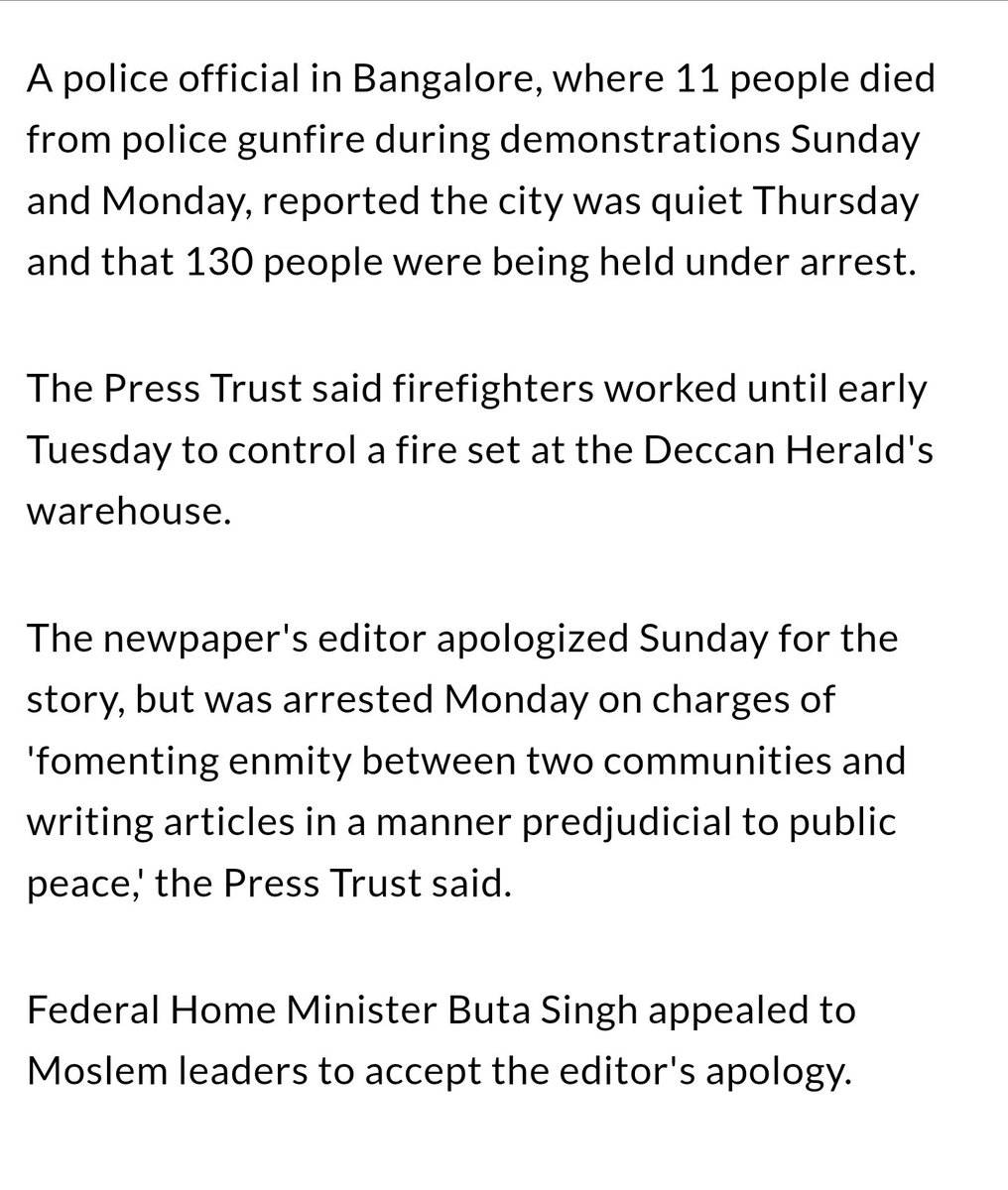 pranesh's tweet image. #FoE #police 

In 1986, the police shot and killed at least 11 people during riots that broke out after the Deccan Herald published an allegorical story called &quot;Mohammed the Idiot&quot; featuring a village fool &amp;amp; Prophet Mohammed. 

Overall, atleast 17 ppl died &amp;amp; many more wr injured.