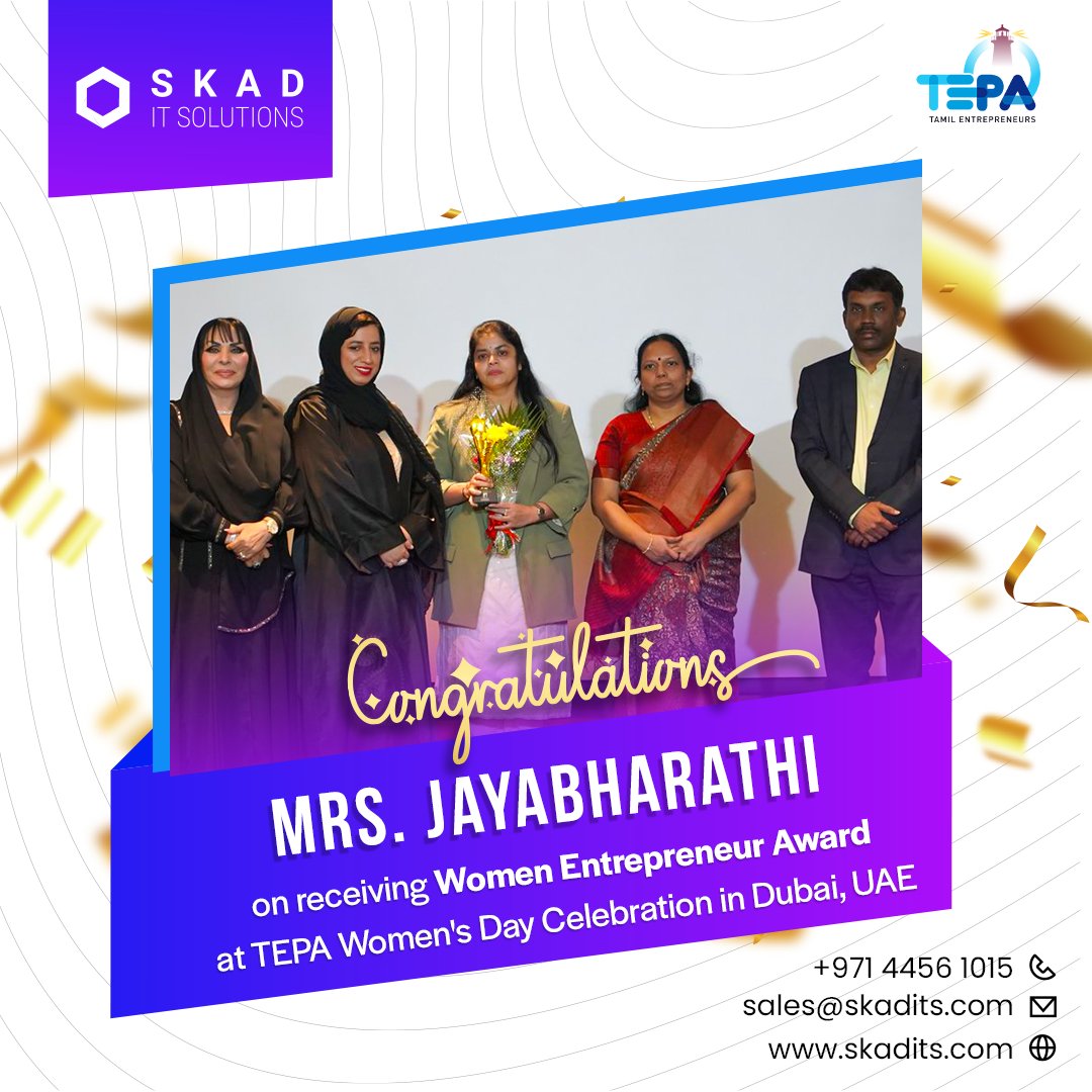 Huge congratulations to Mrs. Jayabharathi 👏🏆 

#skaditsolutions #womenentrepreneurs #tepa #womensday #dubaicelebration #womenentrepreneurship #tepawomenaward  #businesswoman #businesssuccess #empoweredwomen #leadershipjourney #womeninbusiness #entrepreneurialexcellence