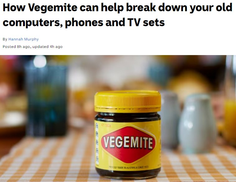 There is a chemical compound that can break down e-waste, including old phones, computers and TVs. Australians are so tough, they eat that $hit for *Breakfast* 😉 #vegemite #ewaste #Ewasterecycling abc.net.au/.../beer-yeast…