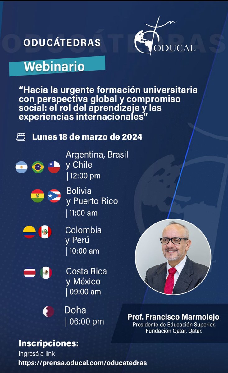 ¿Lo global en conflicto con lo local?. Sobre la importancia de impulsar una formación universitaria con perspectiva global pero con compromiso social. De esto conversaremos en el Webinario de <a href="/Oducal/">ODUCAL</a> a efectuarse este lunes 18 de marzo. 
Registro: 
prensa.oducal.com/oducatedras