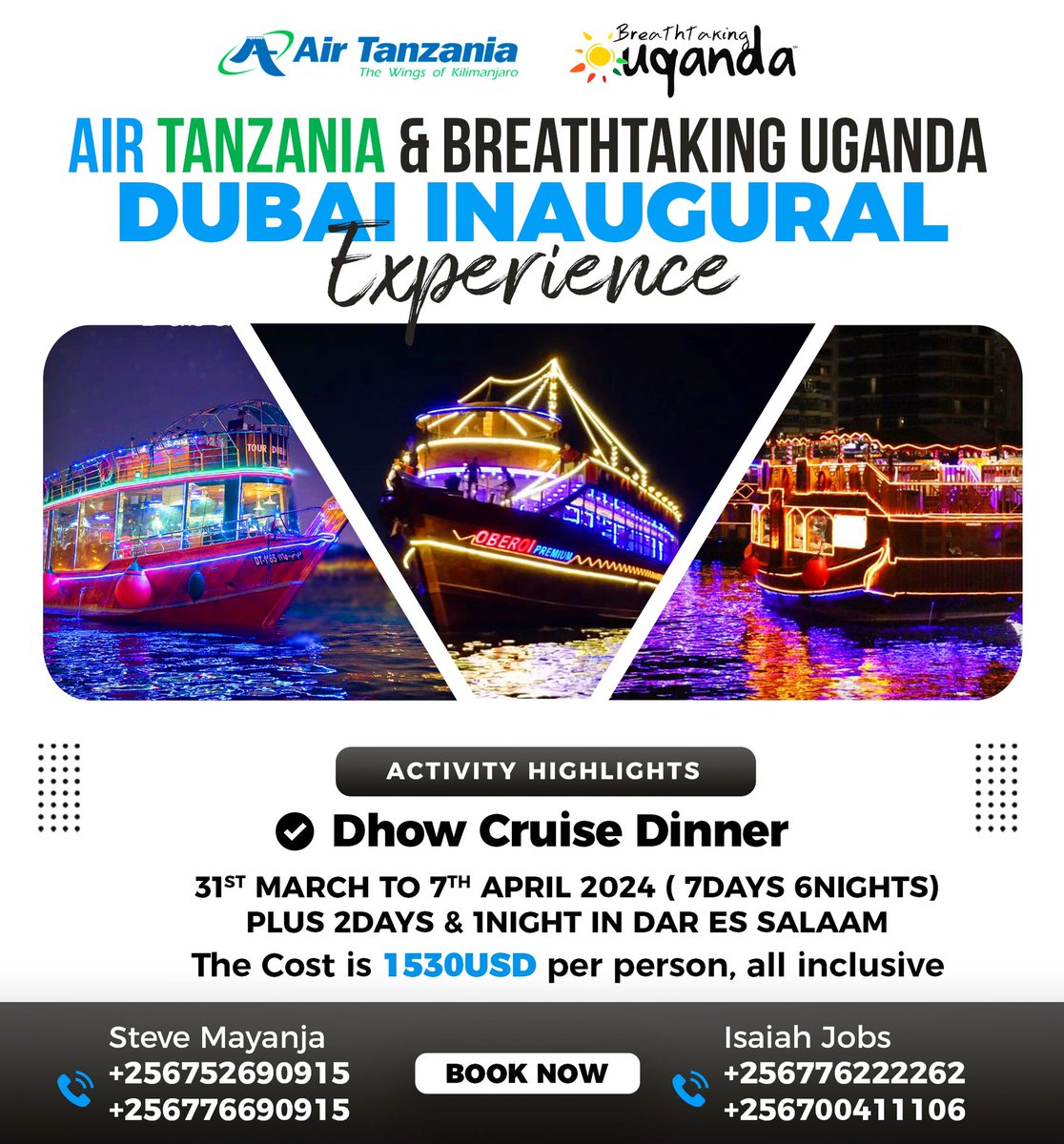 Don’t miss out on an evening of luxury and romance aboard a Dubai dhow cruise dinner,all part of #AirtanzaniaBreathtakingUgandaDubaiInauguralExperienc 's epic Book your spot now and be part of this unforgettable experience #VisitDubai #fleetlinetoursuganda #breathtakinguganda