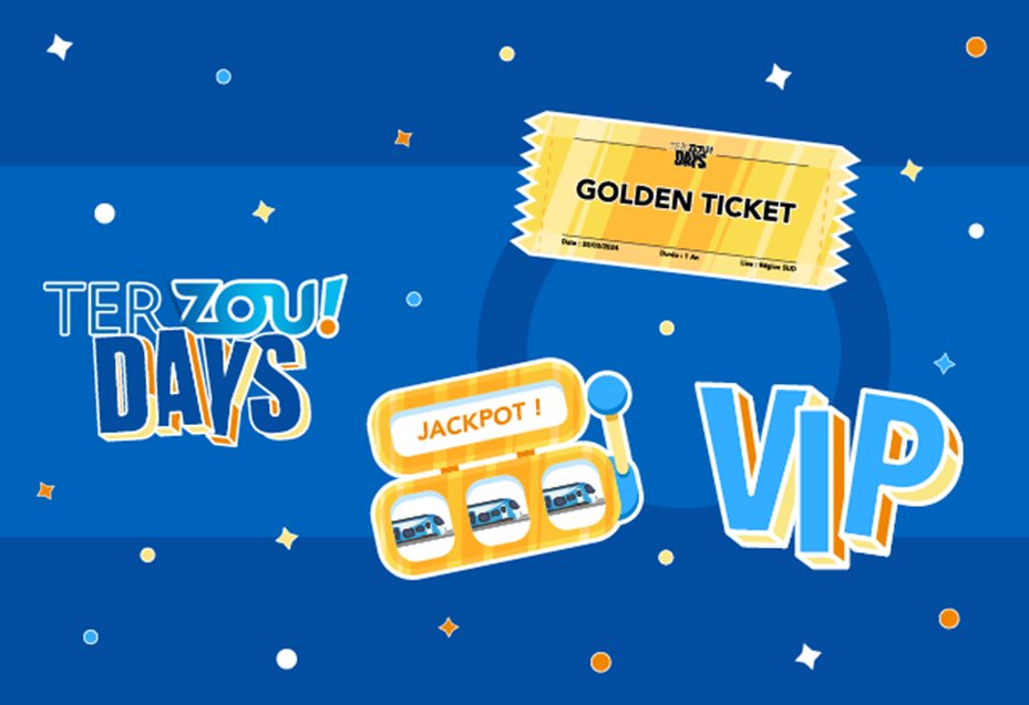 Les #TERDAYS sont de retour pour une semaine de🎉 ! 
📆 18 au 24/03

-50% sur la carte ZOU ! Malin ⚡️
Golden ticket pour 1 an de TER illimité en région Sud 🎟️
Jeu quotidien sur nos réseaux sociaux 🎁
Tirage au sort spécial abonnés

Restez connectés ! 📲urlz.fr/pMU8
