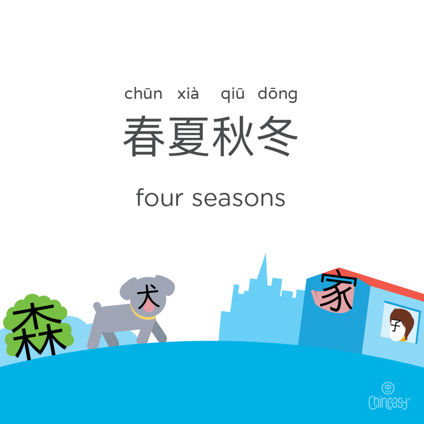 Chineasy's tweet photo. Discover the beauty of the seasons in Chinese: 春夏秋冬 (chūn xià qiū dōng)! Each season offers unique lessons and beauty. Which one speaks to you the most? Share your favorite season and why! #FourSeasons #LearnChinese #NatureCycle #SeasonalBeauty #春夏秋冬 https://t.co/MRTCMNYGo5