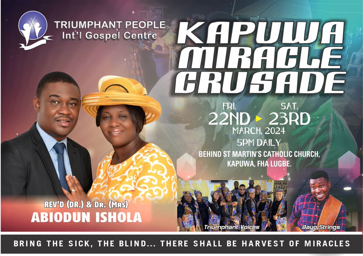 pstabiodunisola's tweet photo. KAPUWA MIRACLE CRUSADE!!!
Are you ready to take hold of your blessings, miracles and instant testimonies?
Friday 22nd and Saturday 23rd March, 2024
5pm daily.
It is your time, don't miss it.
See you there!
#kapuwaforJessus #kapuwamiraclecrusade #tpigc https://t.co/IoB6hyrJSS