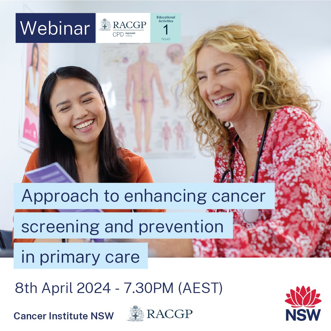 We are hosting a free webinar with @racgp to support primary care health professionals in enhancing cancer prevention and screening activities. Register now: cancer.nsw.gov.au/what-we-do/eve…