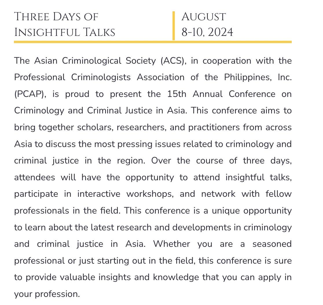 AsianCrim's tweet photo. Welcome to the Asian Criminological Society !https://t.co/4b1953zouE
The 15th Annual Conference of The Asian Criminological Society will be held in Manila, Philippines, in August 2024. Members of the Asian Society of Criminology will enjoy discounted conference prices! https://t.co/9nFA1aEdIc