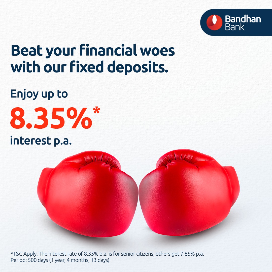 Knock out your financial worries with a #BandhanBank #FixedDeposit. To book, use mBandhan app bit.ly/48setLP, Internet banking bit.ly/3MzVWoi or visit your nearest branch bit.ly/3MoFCqc

Learn more: bit.ly/3OKG9mG 

#FixedDeposit T&C apply.