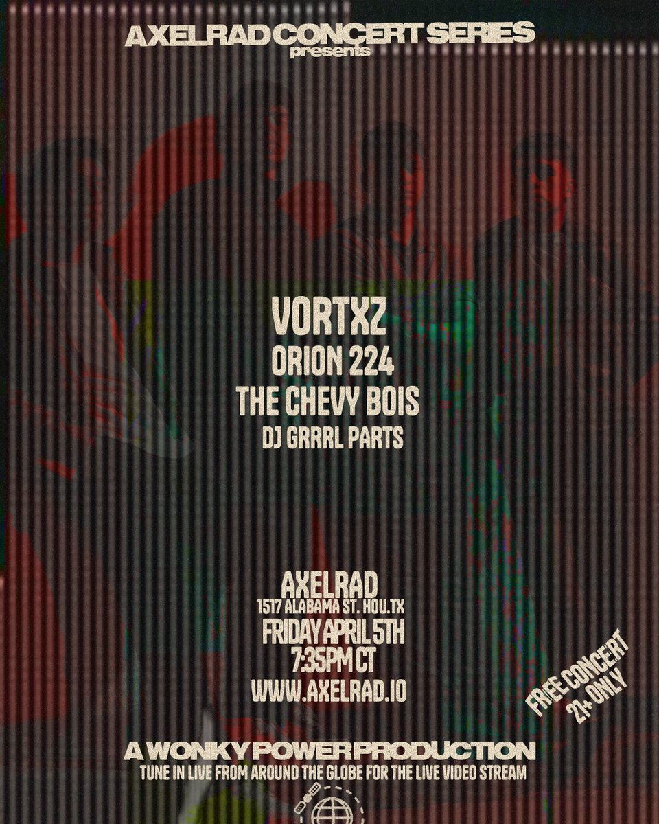 Rad Night on Friday, April 5th with Vortxz, Orion 224, The Chevy Bois, and DJ Grrrl Parts. Freee show @axelradhouston Vortxz, a vibrant Indie/Latino rock ensemble hailing from the heart of Houston, Texas, emerges as a beacon of musical diversity and creative fervor. From the