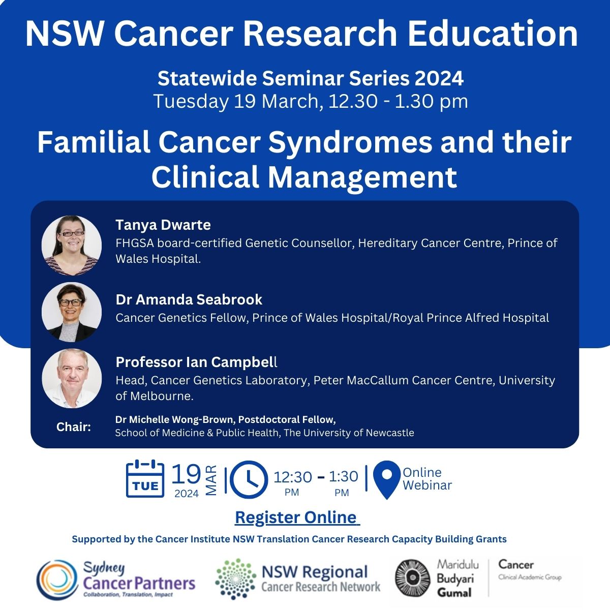 REMINDER! Join us tomorrow for the NSW Cancer Research Education Seminar! ⏰Tuesday 19th MAR, 12:30- 1:30pm 💡'Familial Cancer Syndromes & their Clinical Management' -✏️ Register at events.teams.microsoft.com/event/d6a2d261…