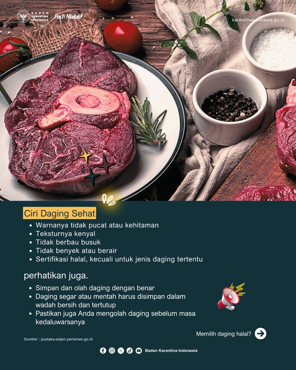 BarantinRI's tweet photo. Bun, Gini Loh Cara Pilih Daging Sehat dan Halal! 🥩

Mo ingetin lagi nih buat ibun2 yg tambah syibuk masak di ramadan ini. 

Semoga tips diatas manfaat ya bunda2 dan sobatQ semua ya.

Trimakasih

#Tips #KarantinaIndonesia #Daging #Sehathalal #Ramadan https://t.co/BHYf4dxBTq